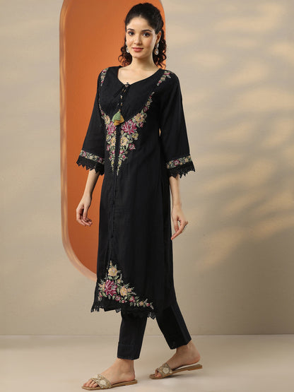 Libas Black Embroidered Cotton Straight Suit Set With Dupatta