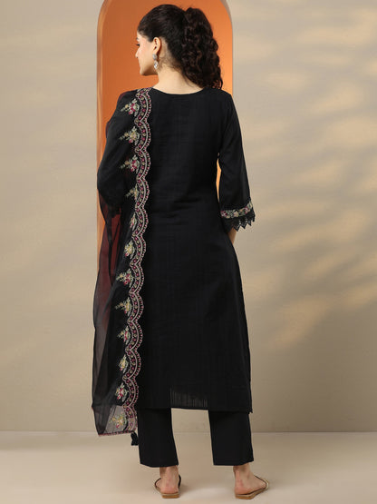 Libas Black Embroidered Cotton Straight Suit Set With Dupatta