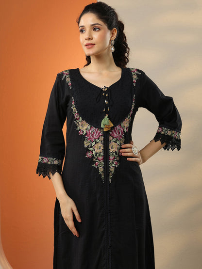 Libas Black Embroidered Cotton Straight Suit Set With Dupatta