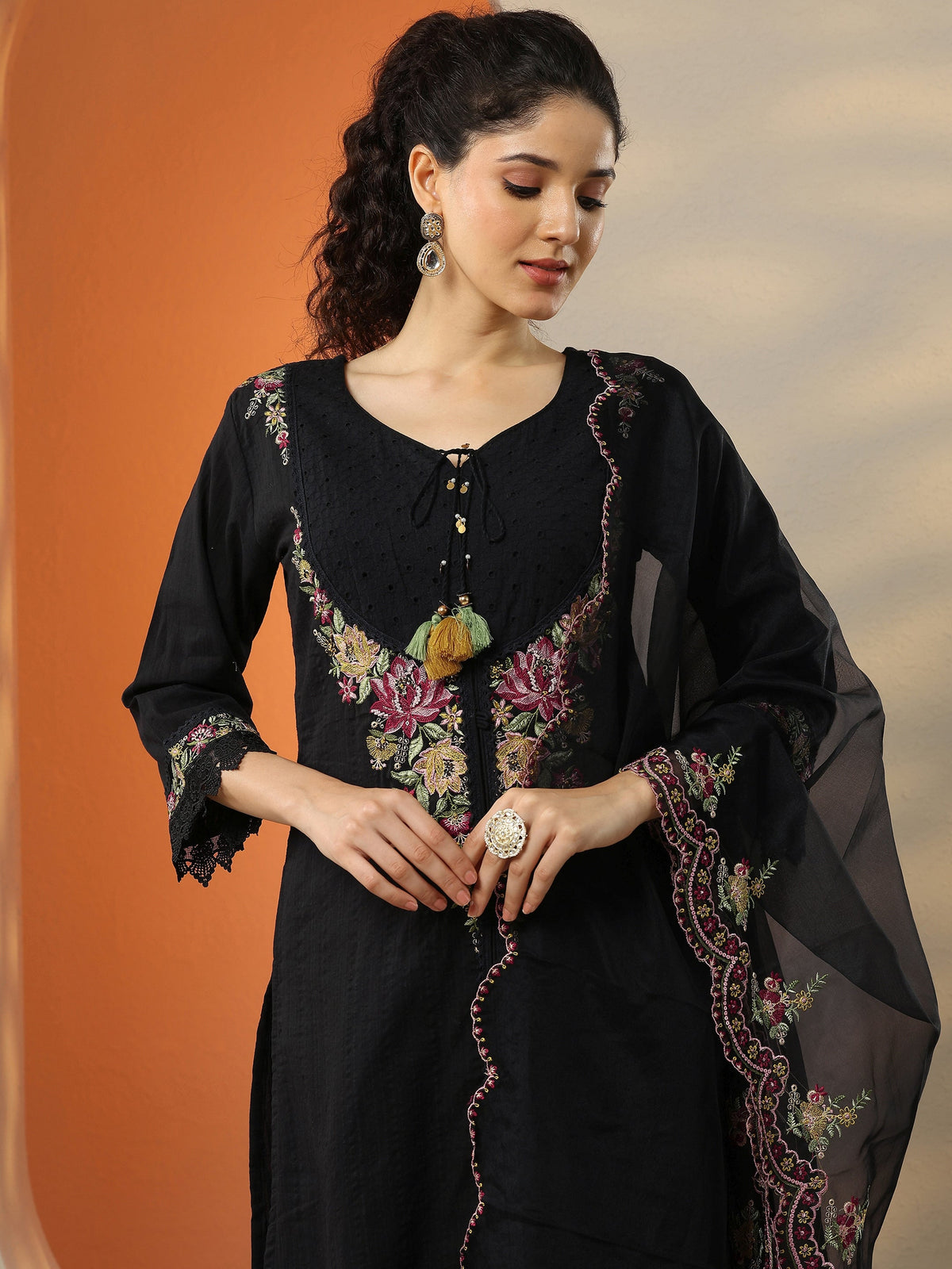 Libas Black Embroidered Cotton Straight Suit Set With Dupatta