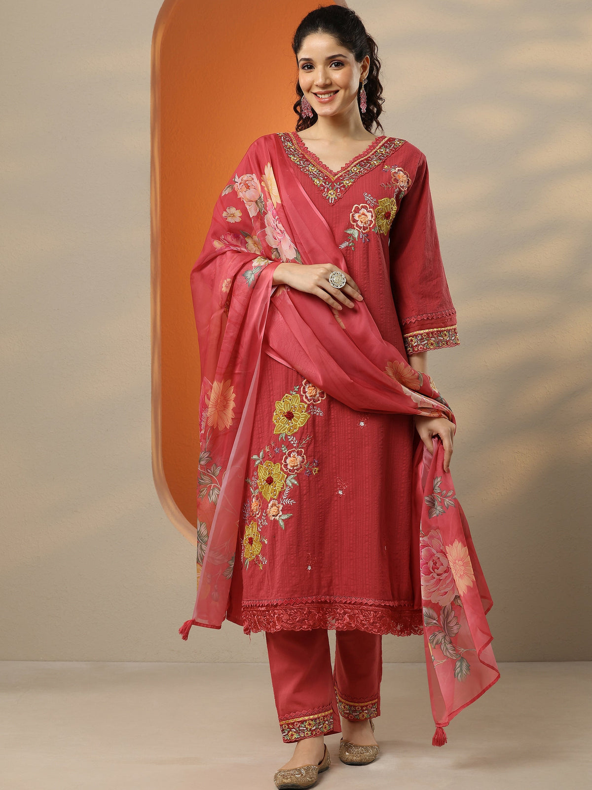 Libas Pink Embroidered Cotton Straight Suit Set With Dupatta