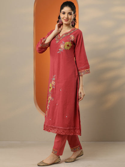 Libas Pink Embroidered Cotton Straight Suit Set With Dupatta