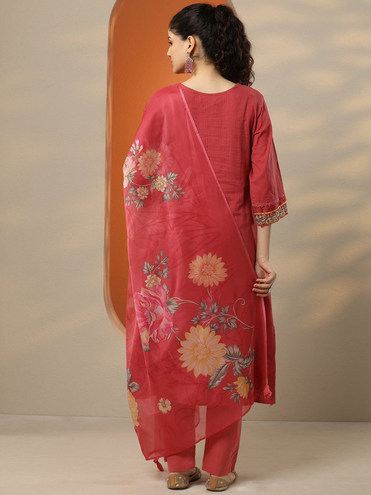 Libas Pink Embroidered Cotton Straight Suit Set With Dupatta