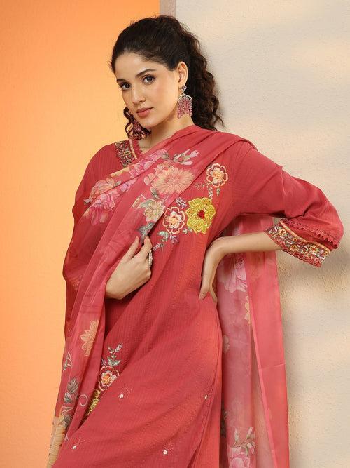 Libas Pink Embroidered Cotton Straight Suit Set With Dupatta