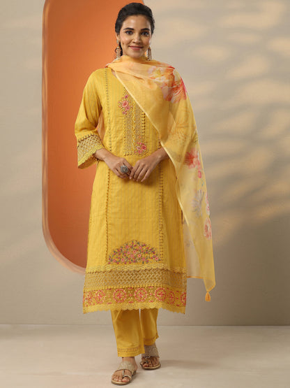 Libas Mustard Embroidered Cotton Straight Suit Set With Dupatta