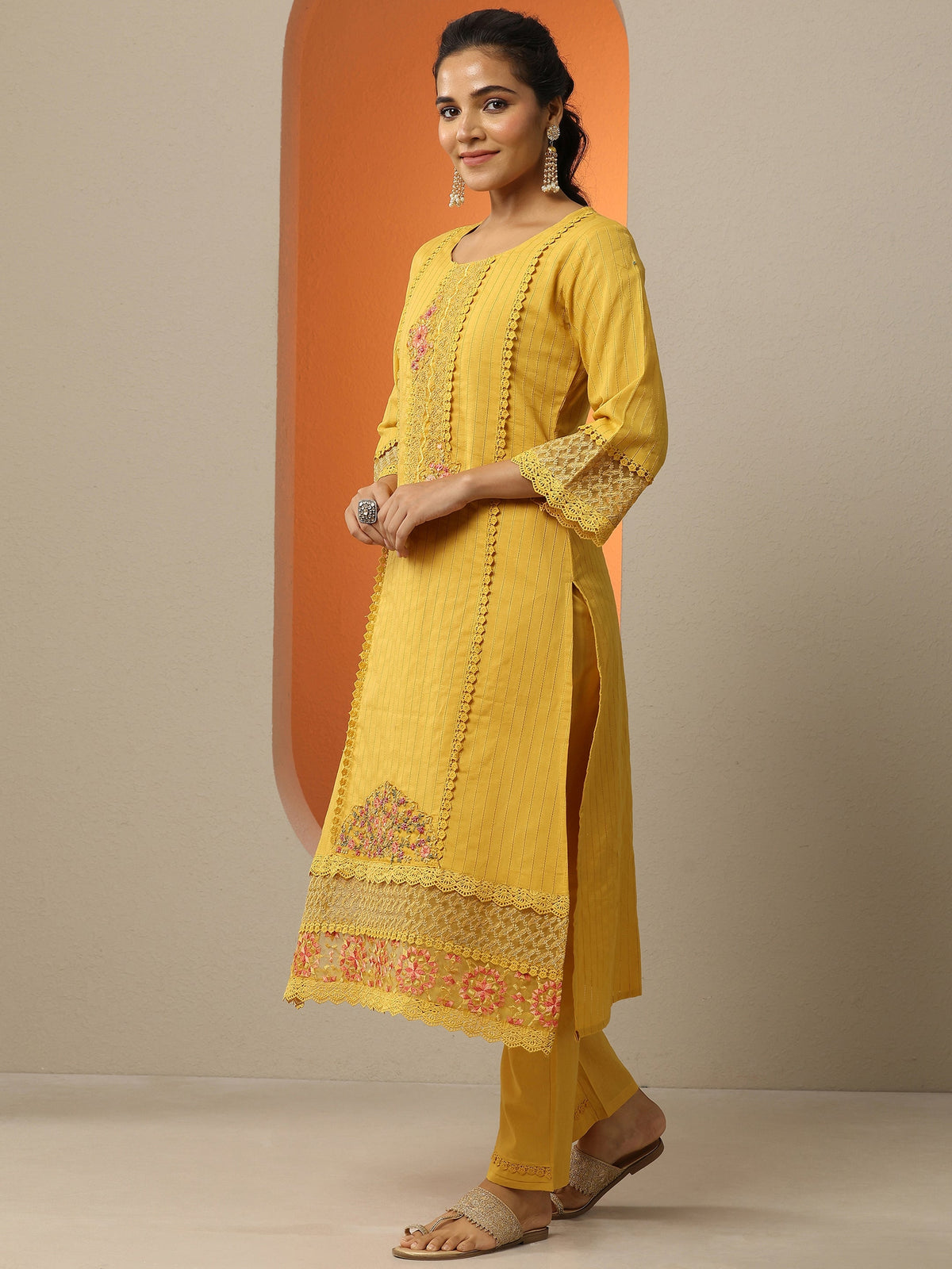 Libas Mustard Embroidered Cotton Straight Suit Set With Dupatta