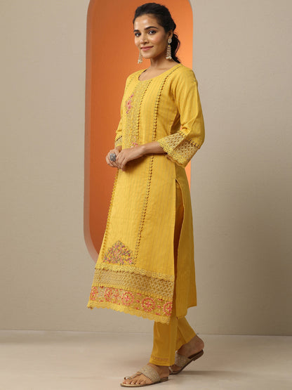 Libas Mustard Embroidered Cotton Straight Suit Set With Dupatta