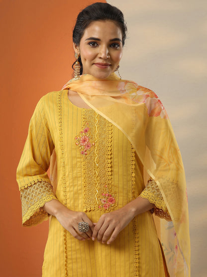 Libas Mustard Embroidered Cotton Straight Suit Set With Dupatta