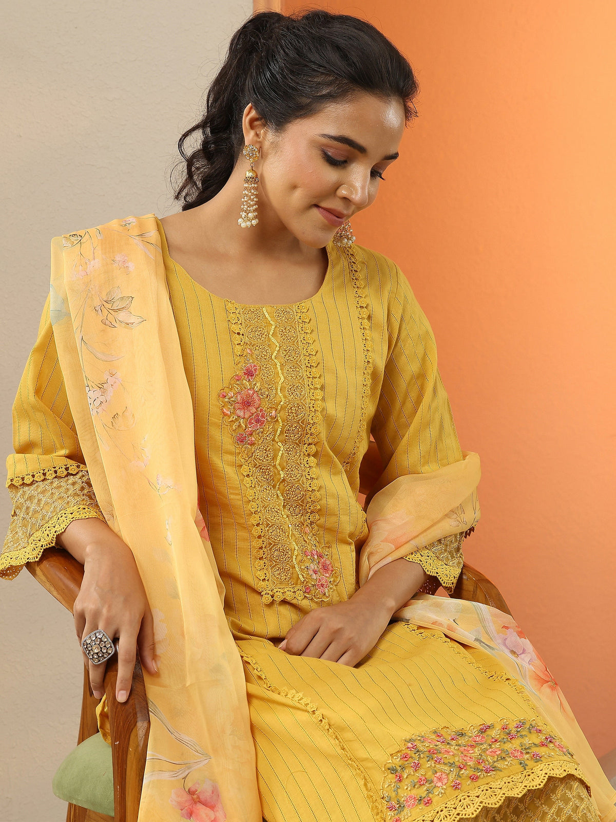 Libas Mustard Embroidered Cotton Straight Suit Set With Dupatta