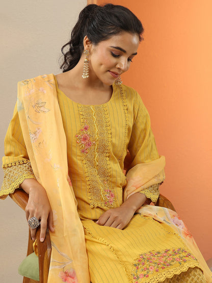 Libas Mustard Embroidered Cotton Straight Suit Set With Dupatta