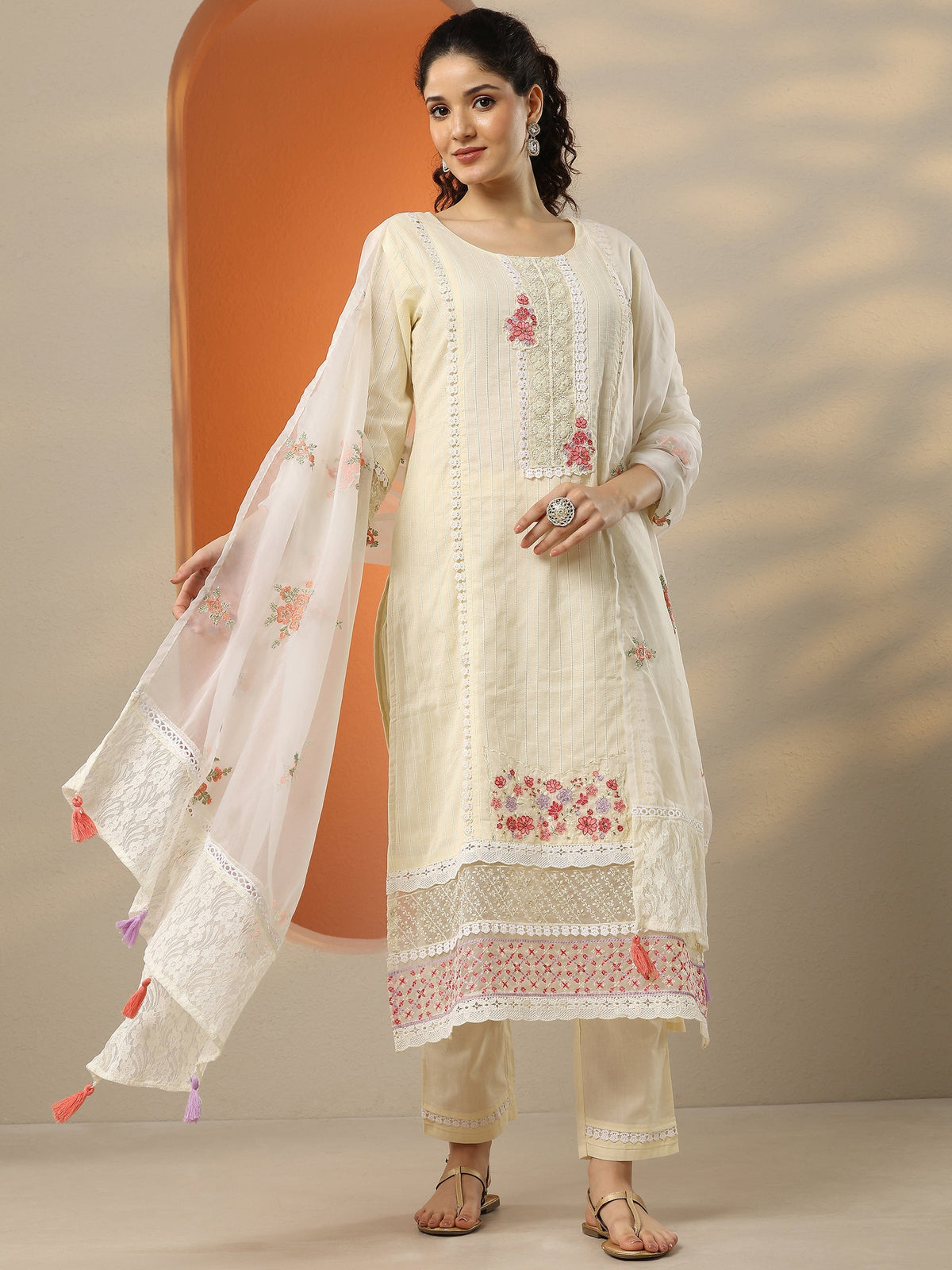 Libas Off White Embroidered Cotton Straight Suit Set With Dupatta