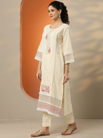 Libas Off White Embroidered Cotton Straight Suit Set With Dupatta