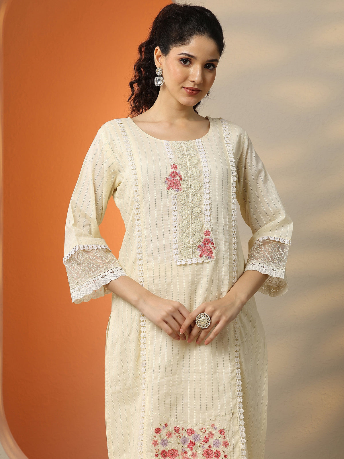 Libas Off White Embroidered Cotton Straight Suit Set With Dupatta