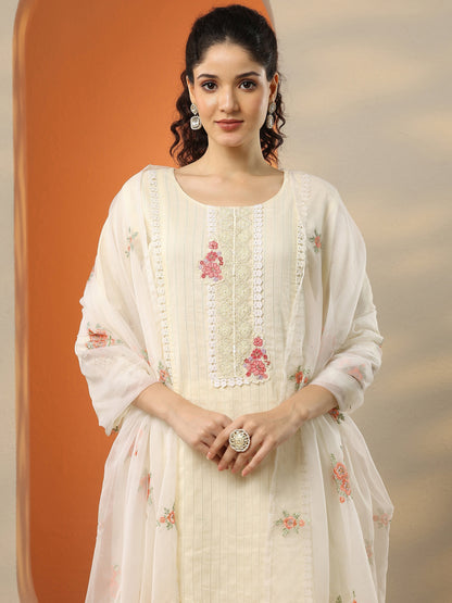 Libas Off White Embroidered Cotton Straight Suit Set With Dupatta