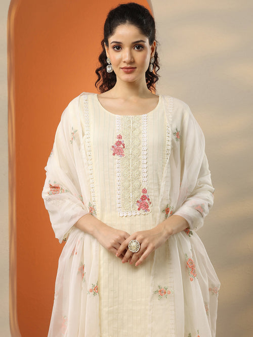 Libas Off White Embroidered Cotton Straight Suit Set With Dupatta