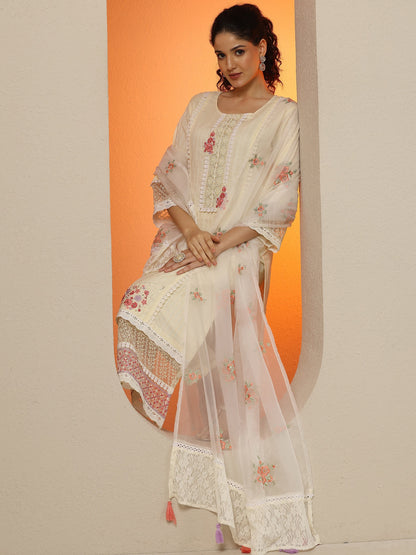 Libas Off White Embroidered Cotton Straight Suit Set With Dupatta