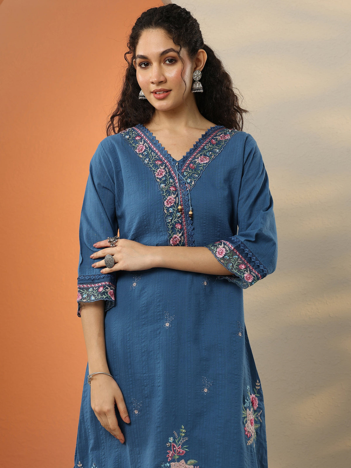 Libas Blue Embroidered Cotton Blend  A-Line Suit Set With Dupatta