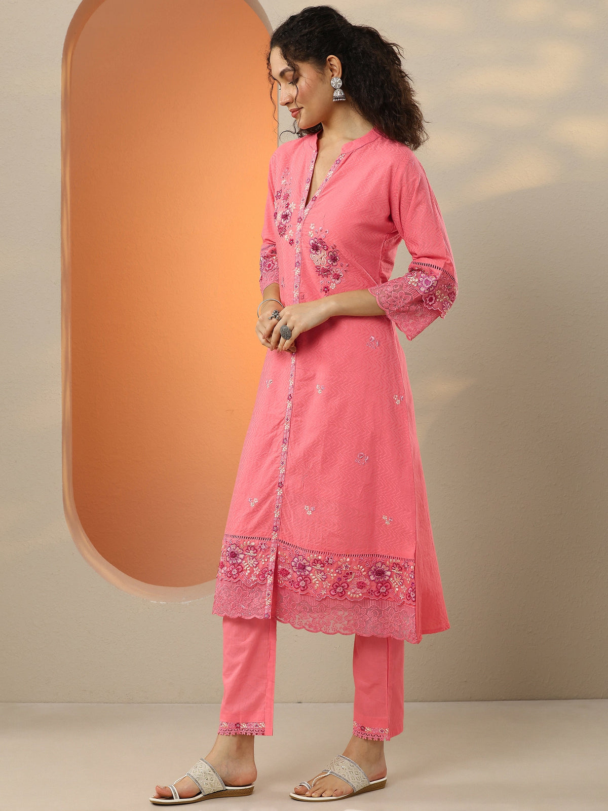 Libas Coral Embroidered Cotton Blend  A-Line Suit Set With Dupatta