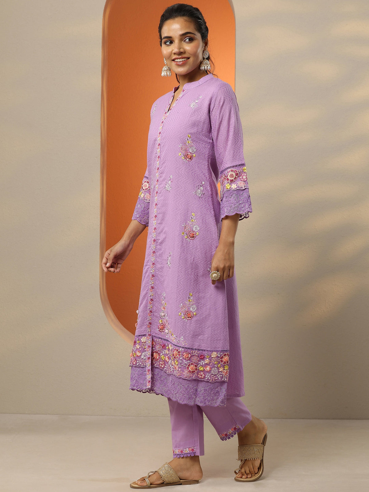 Libas Lavender Embroidered Cotton Straight Suit Set With Dupatta