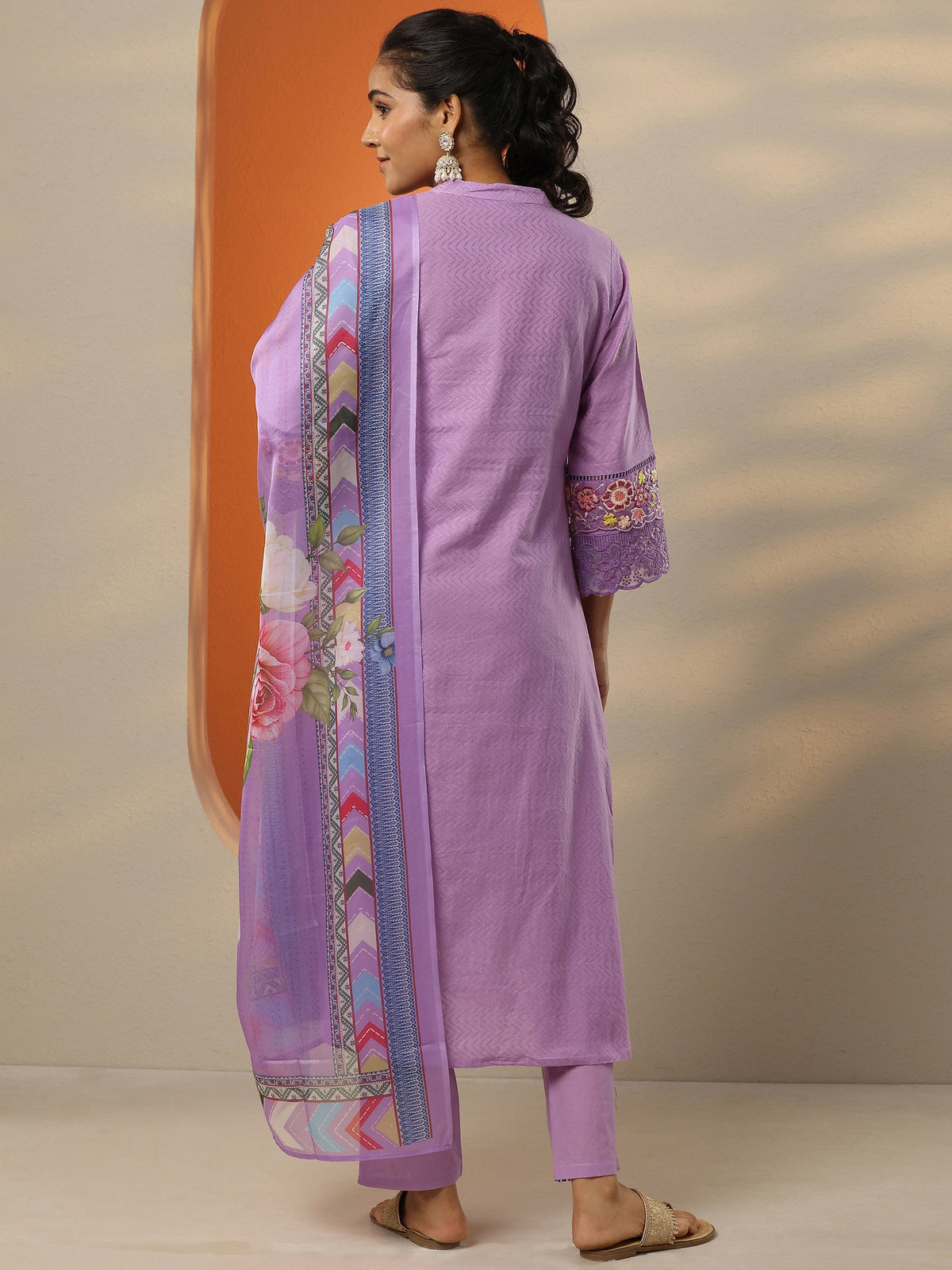 Libas Lavender Embroidered Cotton Straight Suit Set With Dupatta