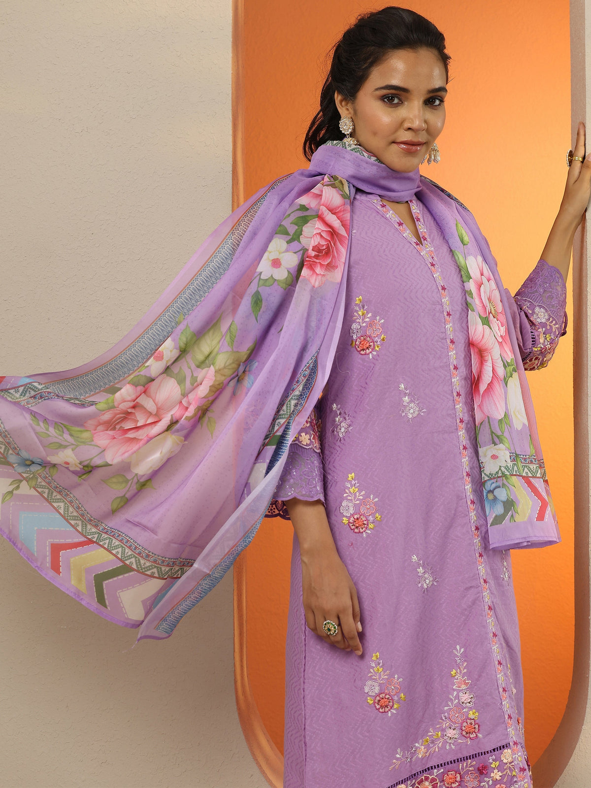 Libas Lavender Embroidered Cotton Straight Suit Set With Dupatta