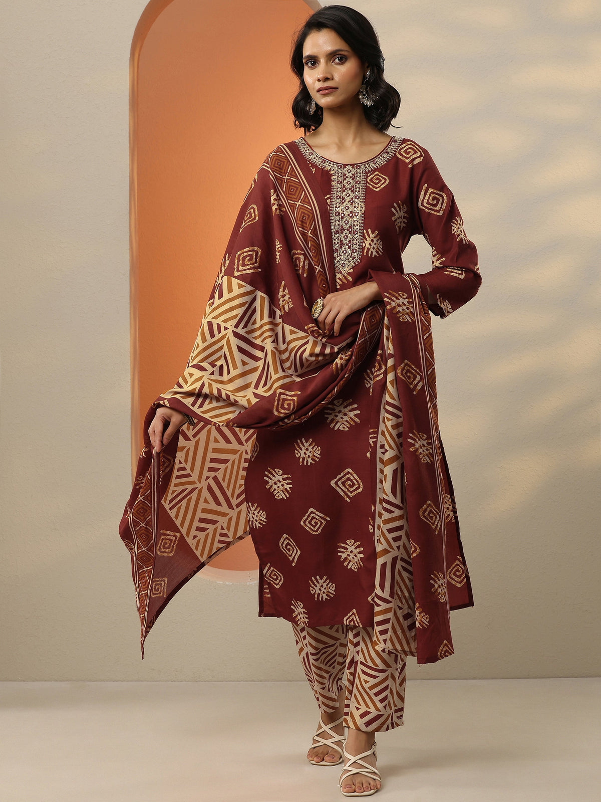 Libas Maroon Printed Cotton Blend  Straight Suit Set With Dupatta