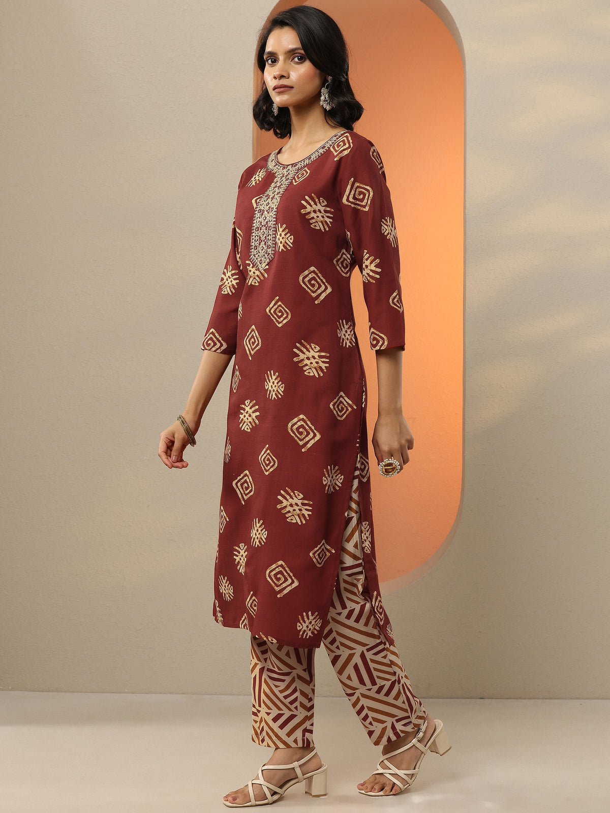 Libas Maroon Printed Cotton Blend  Straight Suit Set With Dupatta