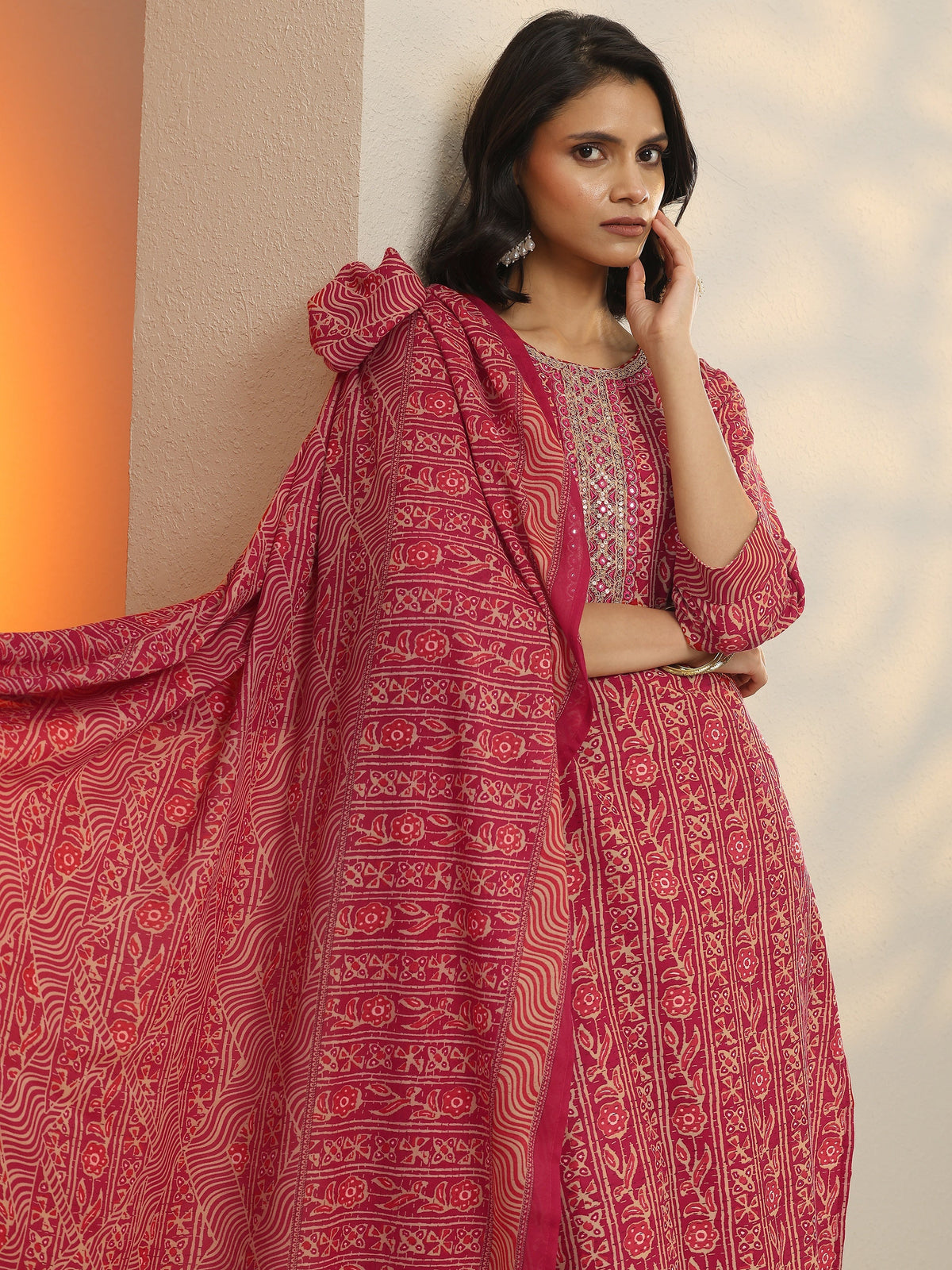 Libas Pink Printed Cotton Blend  Straight Suit Set With Dupatta