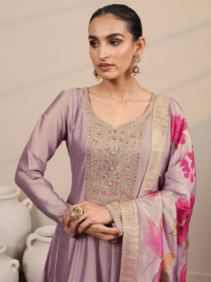 Libas Lavender Yoke Design Silk Blend  Anarkali Suit Set With Dupatta