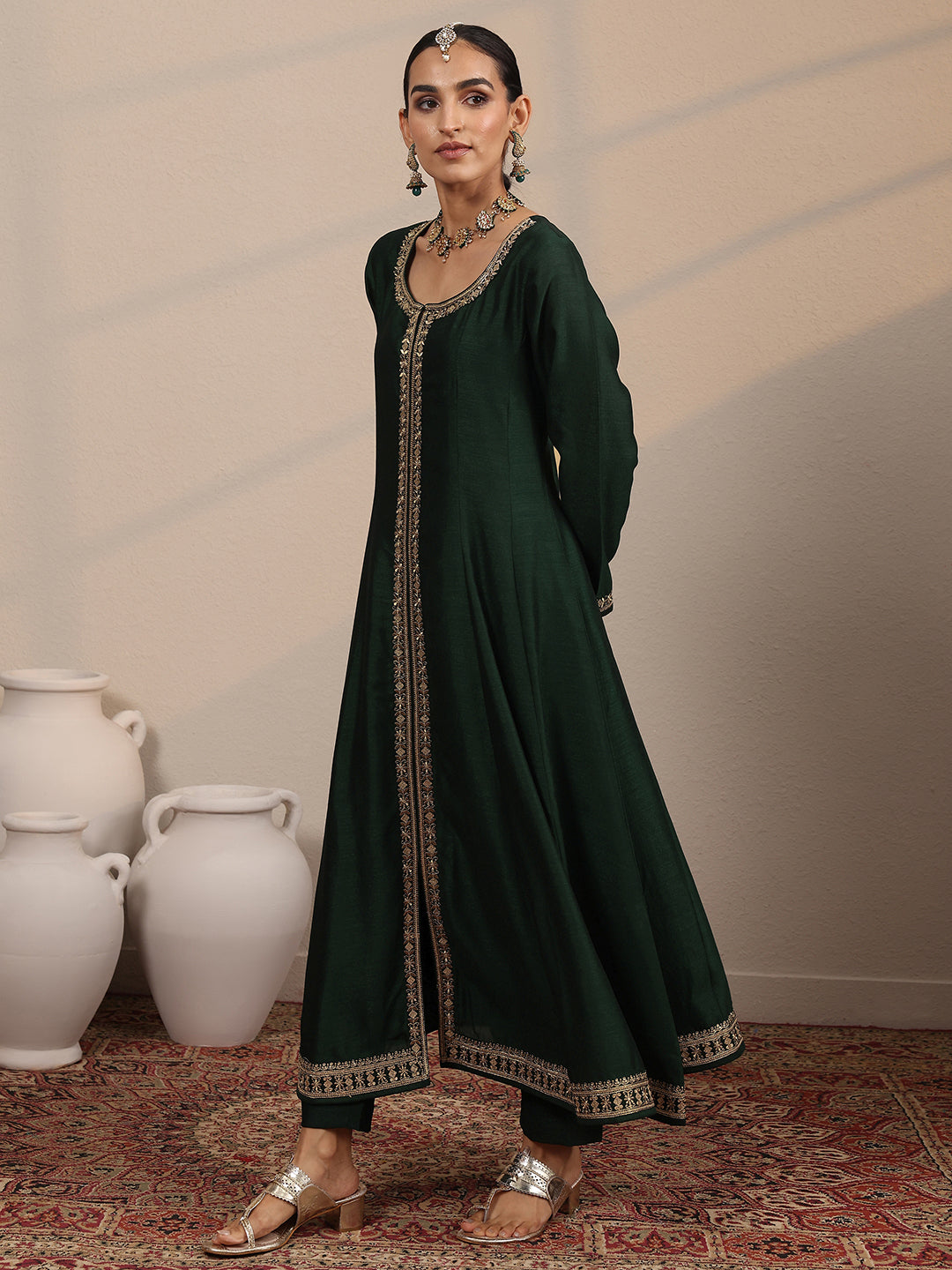 Libas Green Embroidered Silk Blend  A-Line Suit Set With Dupatta