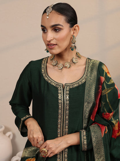 Libas Green Embroidered Silk Blend  A-Line Suit Set With Dupatta