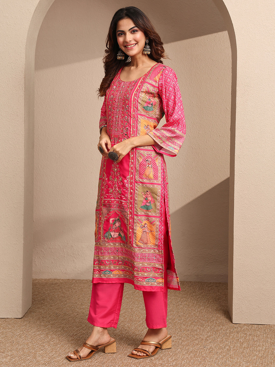 Libas Pink Printed Silk blend Straight Suit Set With Dupatta