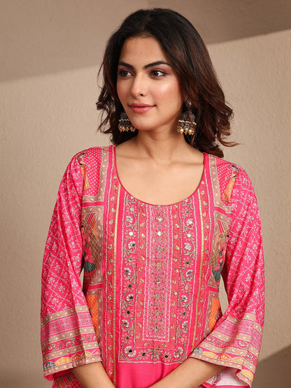 Libas Pink Printed Silk blend Straight Suit Set With Dupatta