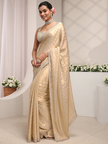 Libas Art Beige Embellished Satin Saree With Unstitched Blouse Piece