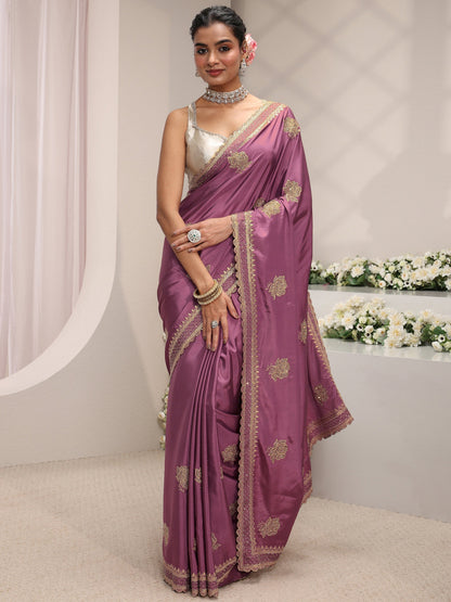Libas Purple Floral Embroidered Satin Saree With Unstitched Blouse Piece