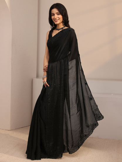 Libas Black Embellished Tissue Saree With Unstiched Blouse Piece