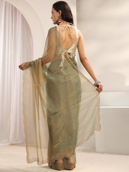 Libas Green Embellished Border Tissue Saree With Unstitched Blouse Piece