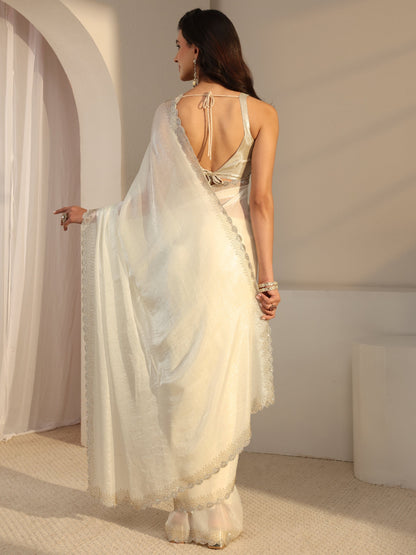 Libas Ivory Embellished Border Tissue Saree With Unstitched Blouse Piece