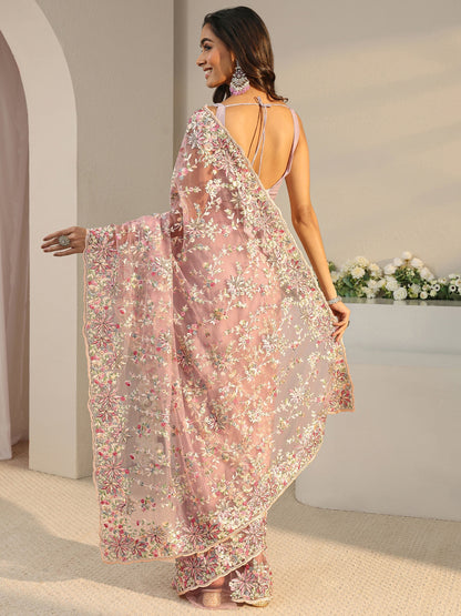 Libas Art Pink Floral Embroidered Net Saree With Unstitched Blouse Piece