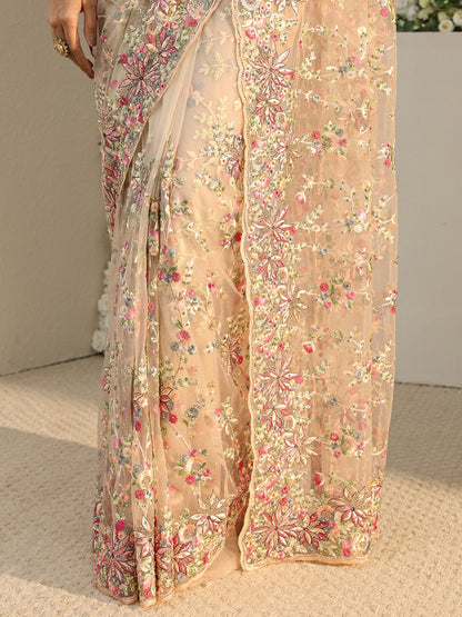 Libas Art Ivory Floral Embroidered Net Saree With Unstitched Blouse Piece