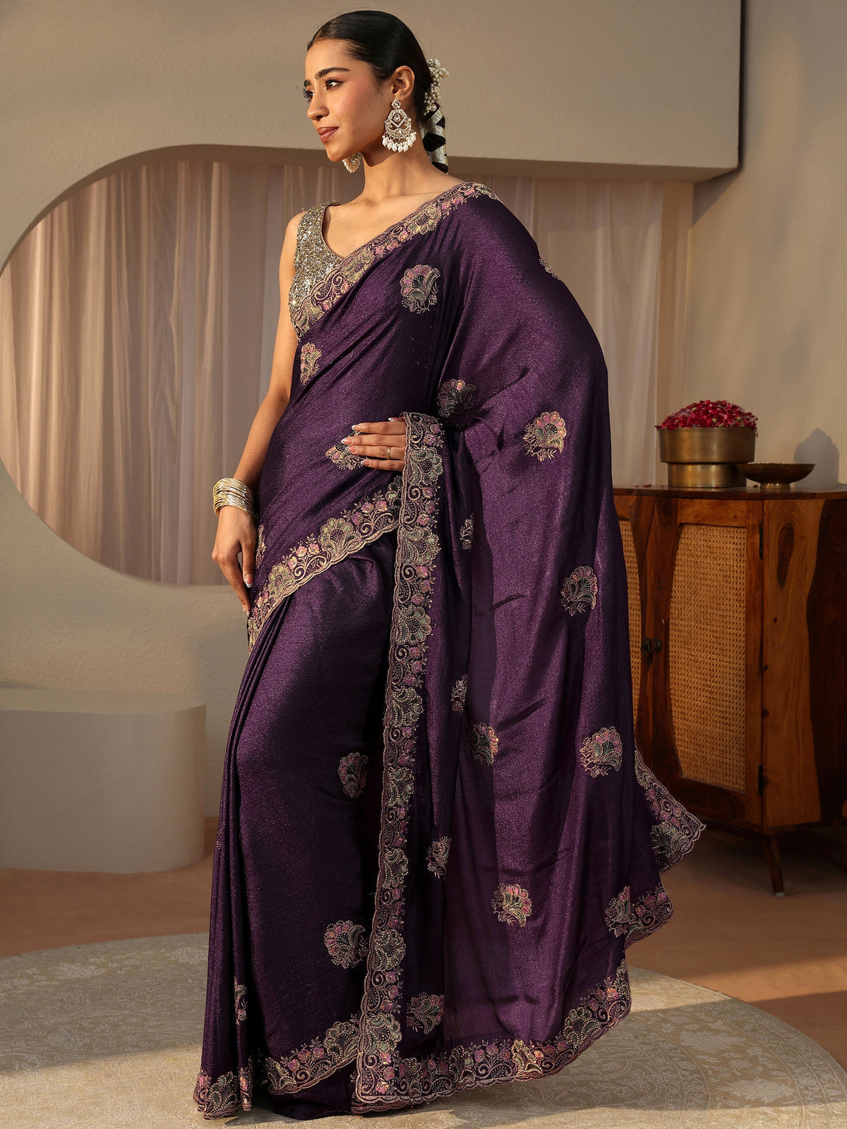 Libas Purple Floral Embroidered Glossy Chiffon Saree
