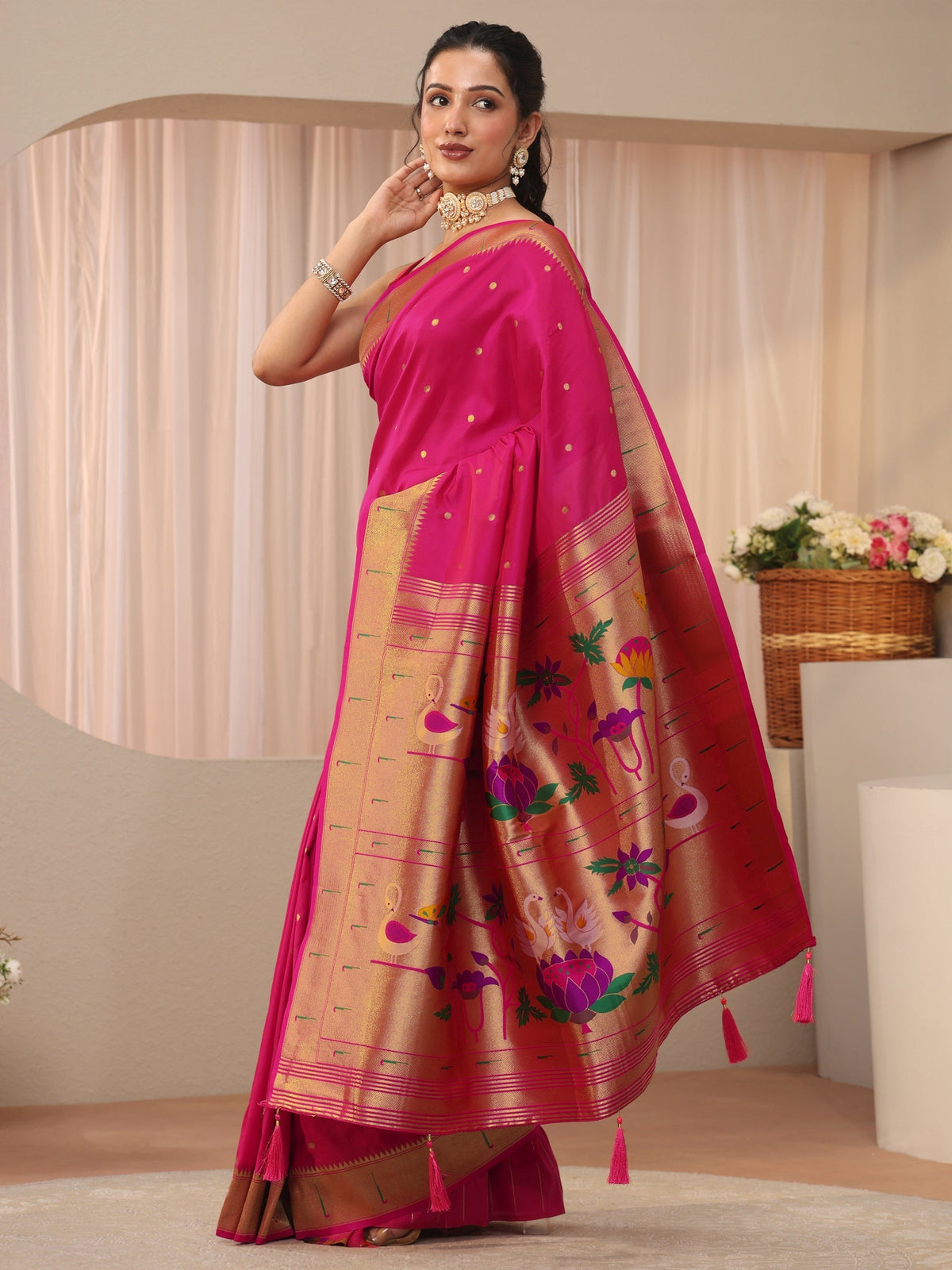 Libas Pink Silk Blend Paithani Saree