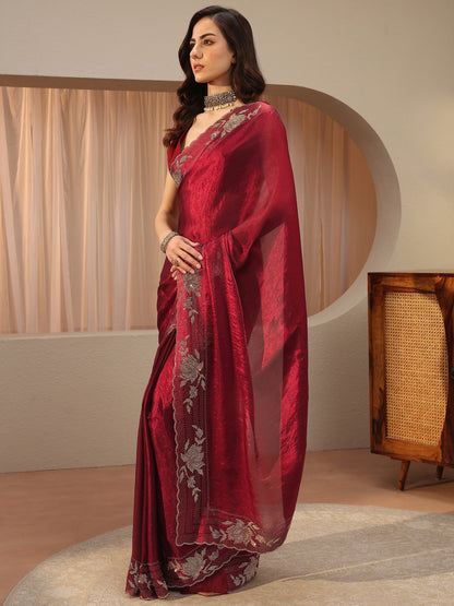 Libas Art Maroon Tissue Saree With Embellished Border