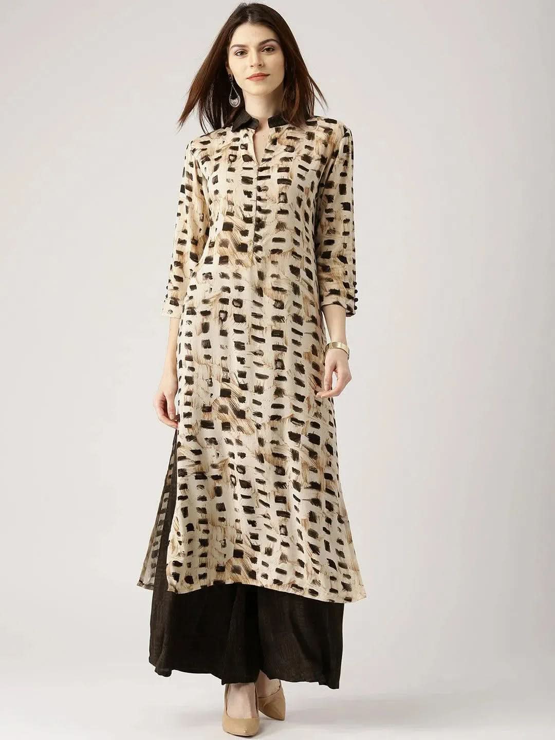 Libas Beige Printed Rayon Straight Kurta With Palazzos