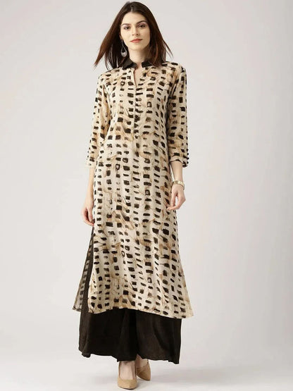Libas Beige Printed Rayon Straight Kurta With Palazzos