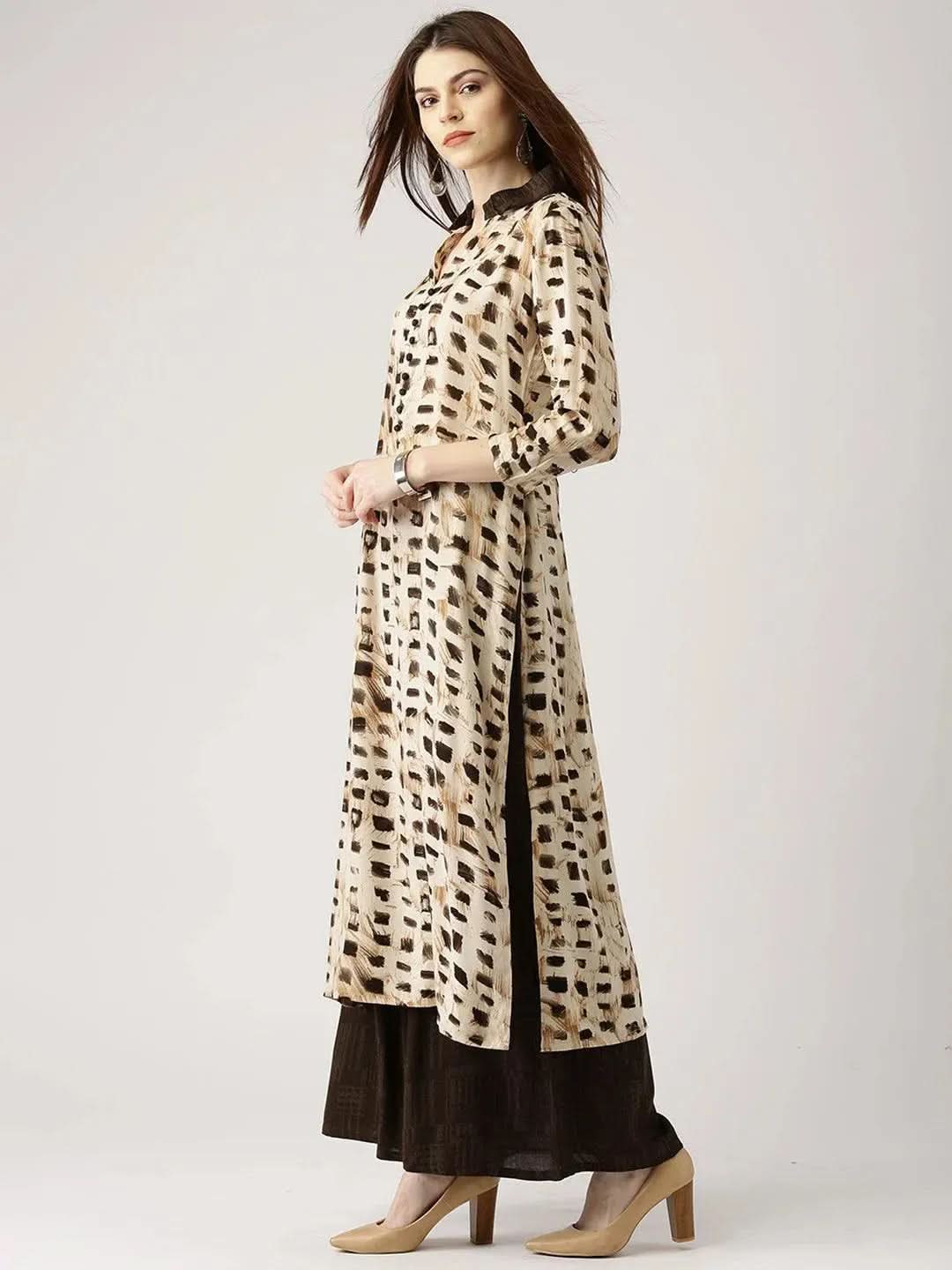 Libas Beige Printed Rayon Straight Kurta With Palazzos