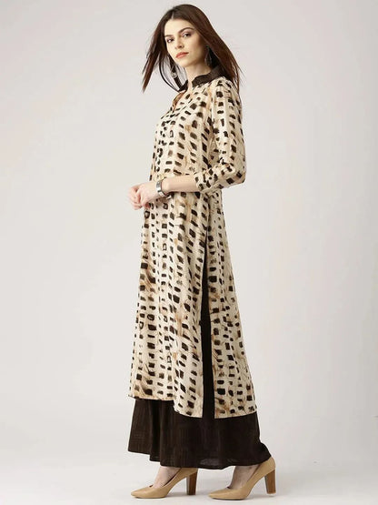 Libas Beige Printed Rayon Straight Kurta With Palazzos