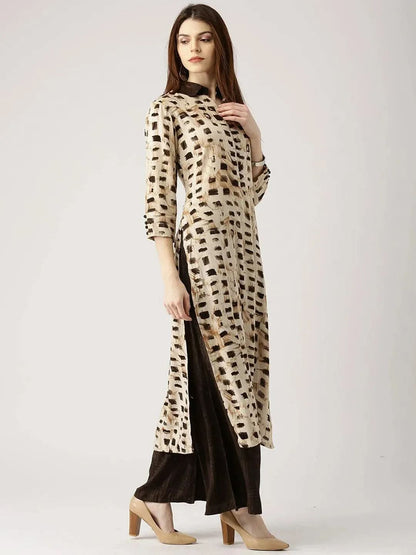 Libas Beige Printed Rayon Straight Kurta With Palazzos
