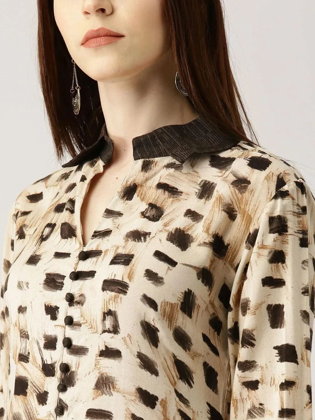 Libas Beige Printed Rayon Straight Kurta With Palazzos