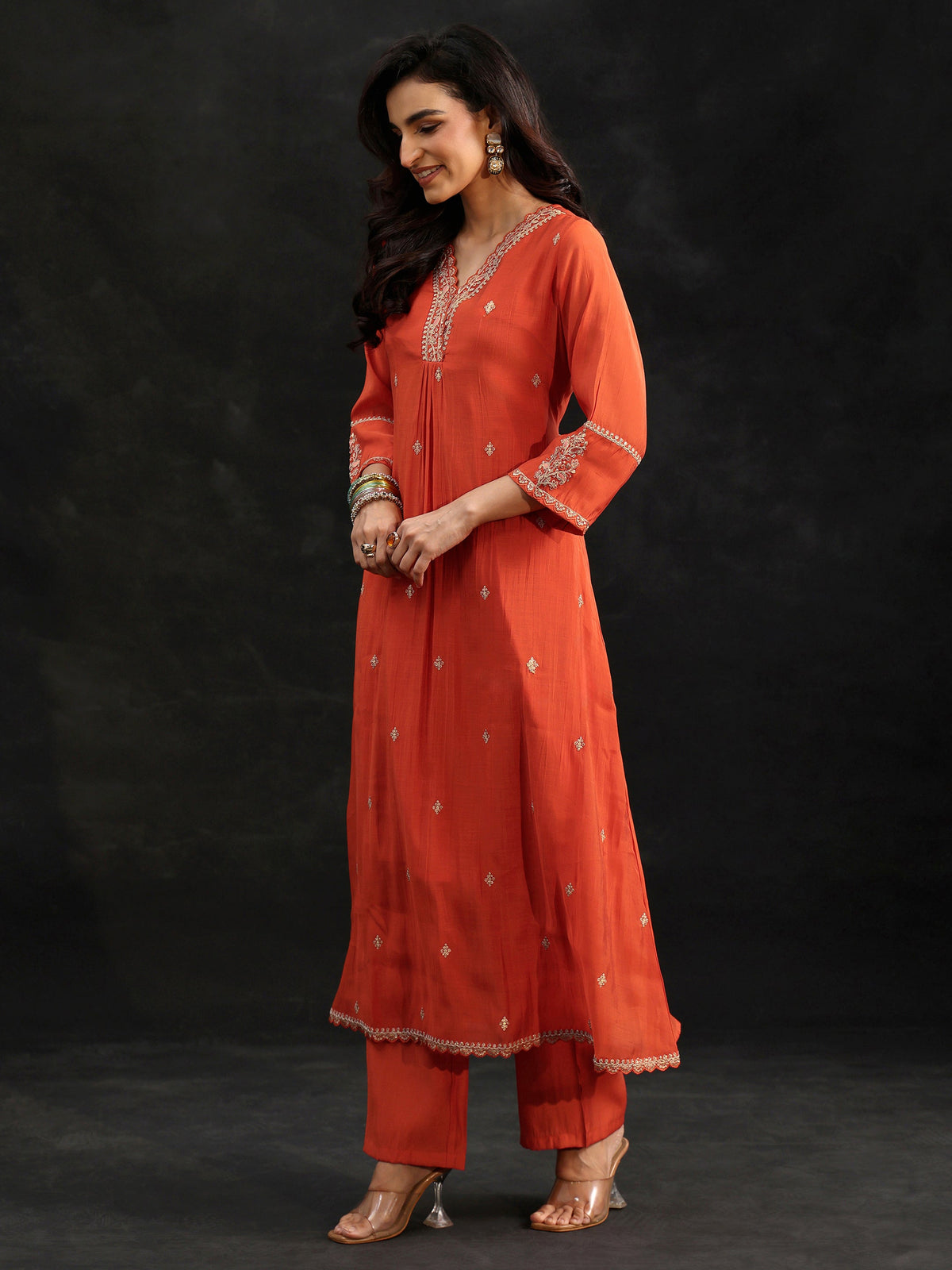 Libas Orange Embroidered Chanderi Cotton A-Line Suit Set